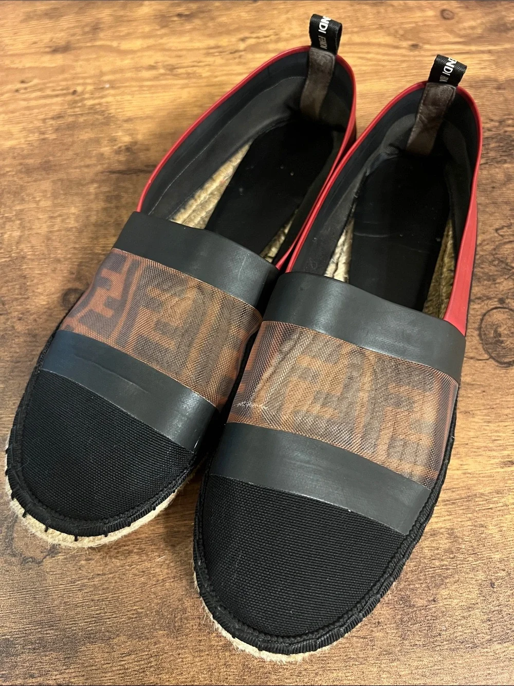 Fendi Black and Red Espadrille Slip-On Shoes